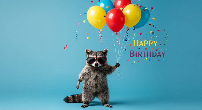 Cute Raccoon Holding Balloons, Happy Birthday