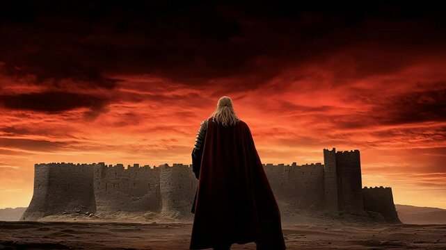 Warrior's Sunset: A lone warrior walks towards a formidable castle under a fiery, apocalyptic sky.