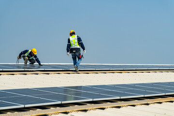 team of professionals installs solar panels, ensuring energy efficiency and sustainable development. The image represents green energy, eco-conscious solutions, and future solar power technology.