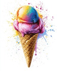 Colorful ice cream cone with splashes of paint in vibrant pink, yellow, and blue