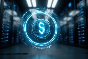 A glowing digital dollar symbol hovers in a futuristic server room, representing finance technology and digital currency.