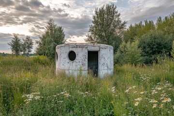 Weathered round structure in a field, showing age and decay