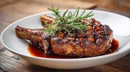 Close-up of a grilled pork chop with rosemary sprig on a white plate. The rich brown color of the meat and the glistening sauce create an appetizing image.
