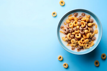 Elevated view of a bowl of breakfast cereal.