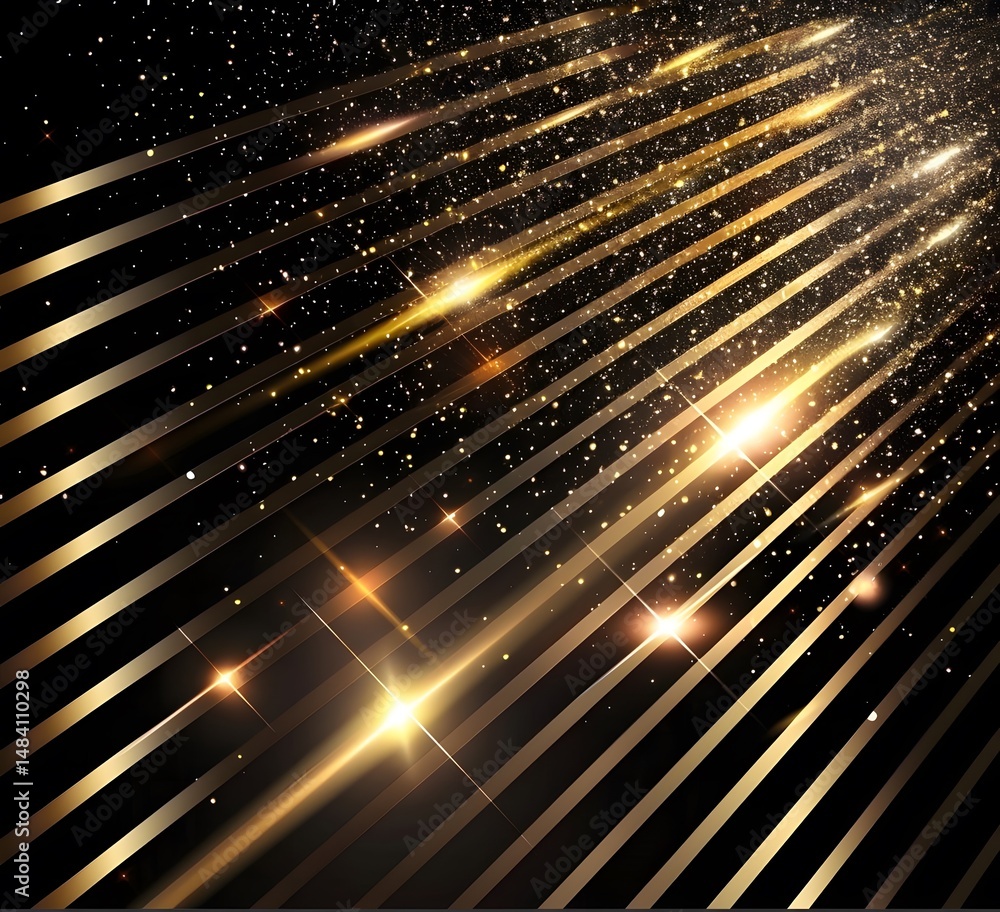 Poster an elegant, dark background with shimmering gold lines and sparkling particles