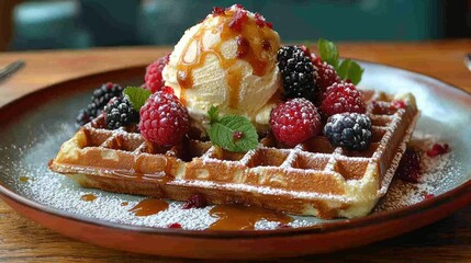 Delicious Waffle Topped With Ice Cream And Berries