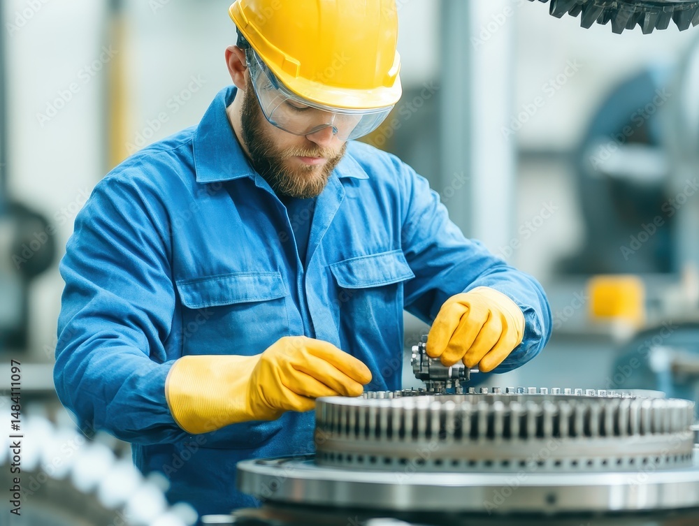 Poster focused industrial worker assembling precision gear component in factory setting