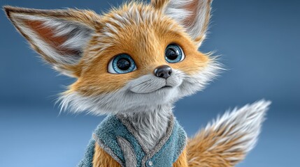 Fototapeta premium Adorable Fox Cub Cute Animal Portrait CG Render 3D Illustration Fluffy Fur Big Eyes