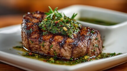 Grilled steak topped with vibrant green herb sauce. A delectable dish, perfect for a gourmet meal.