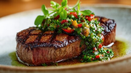 A delicious grilled steak topped with a vibrant green chimichurri sauce. The rich, savory flavors are enhanced by the bright, herbaceous chimichurri.