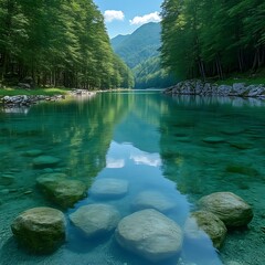 Serene mountain lake reflecting sky and trees, clear water with visible rocks