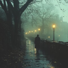 A solitary figure walks a misty path at night.  A path lined with trees, wet from the rain and lit by old-fashioned lamps