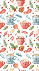 Cozy Watercolor Christmas: Festive Mug & Candy Pattern AI Generated