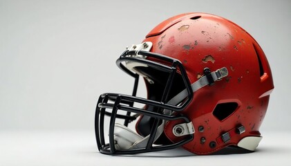 Fototapeta premium Close-up of worn football helmet, scuffed leather, athletic, worn