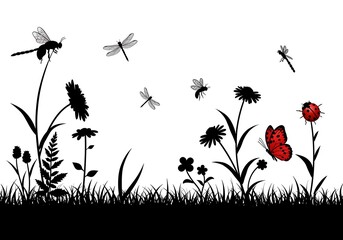 Naklejka premium Silhouette Meadow: Dragonflies, Flowers, and a Red Butterfly