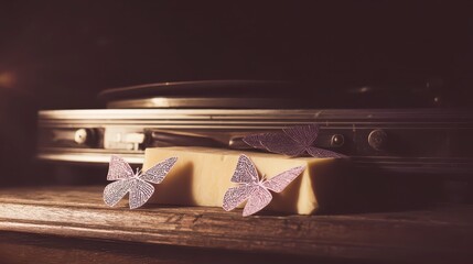 Vintage Record Player  Butterflies  Cheese Still Life