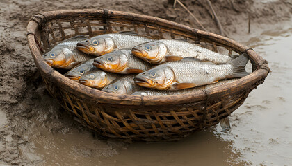 Freshly caught fish displayed in a traditional woven basket resting in shallow muddy water, showcasing local fishing practices