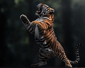 Fototapeta premium Tiger leaping against dark background
