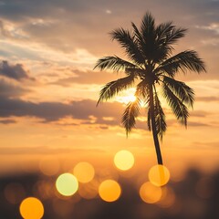 Golden Sunset Silhouette: Palm Tree & Bokeh Dreamscape