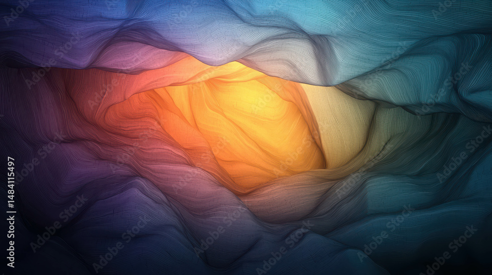 Poster abstract colorful wave patterns in a smooth flowing surface with warm center glow