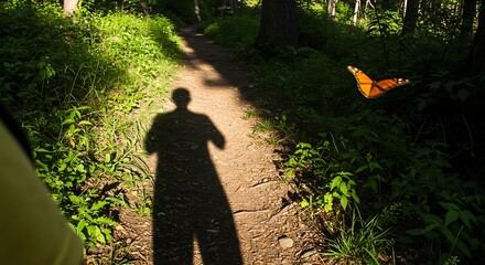 Sun-Dappled Path: Shadow, Forest, and Butterfly