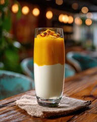 A refreshing layered dessert of creamy yogurt and vibrant mango puree, garnished with passion fruit seeds. Perfect for a summer treat!