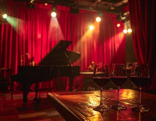 夜のジャズバーカウンター　ワイングラス越しの赤いカーテン