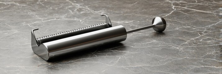 Sleek metallic sausage stuffer rests on a dark marble surface.  A professional kitchen tool.