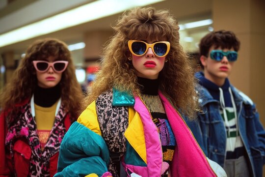 Neon elegance: woman embodies 80s high gloss allure, radiating confidence in bright fashion, posing with bold colors, voluminous hair, dynamic lighting, capturing essence of retro vibrancy in style.