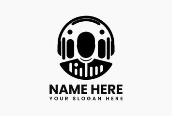 Contemporary vector logo of headphones with mic and audio waves representing podcast and music production  