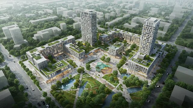 Aerial View of Modern Urban Development: Green Cityscape with Skyscrapers and Parks