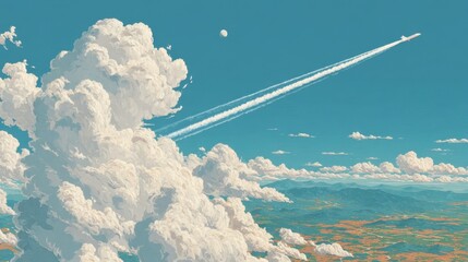 Beautiful illustration of a bright blue sky with fluffy clouds and an airplane