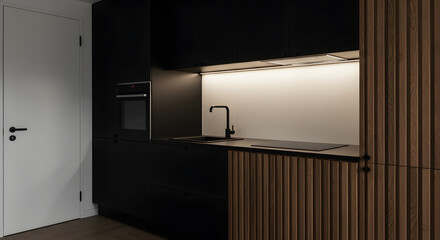 Modern Minimalist Kitchen With Dark Cabinets And Wood Accents In Contemporary Style