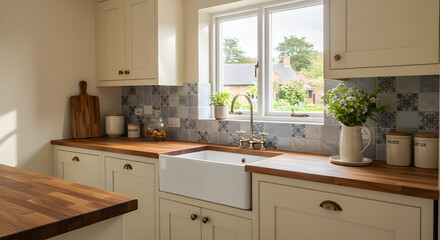 Charming Kitchen With Farmhouse Sink And Window View To The Countryside
