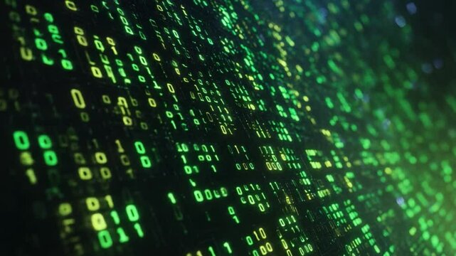 Binary Code Stream: A mesmerizing display of binary code cascades across a dark background, showcasing the dynamic and intricate world of data and information technology.