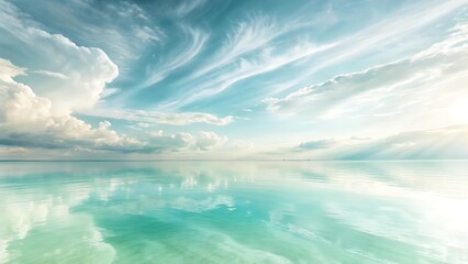 Peaceful calm ocean water reflecting beautiful fluffy white clouds and bright blue skies on a sunny day