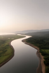 aerial view of coastal wetlands in india during soft twilight