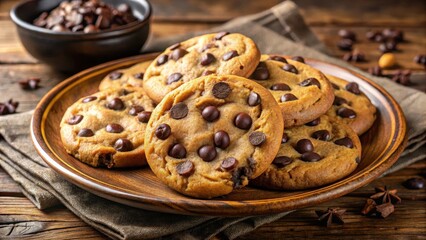 Warm golden brown chocolate chip cookies on a plate , chocolate chips, dessert,  chocolate chips, dessert