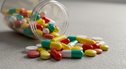 Pills spilling from bottle representing medication and healthcare, with colorful capsules and tablets