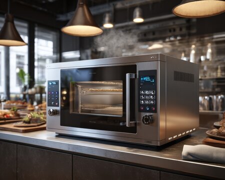 Sleek stainless steel combi oven in a modern restaurant kitchen, ready for culinary creations.