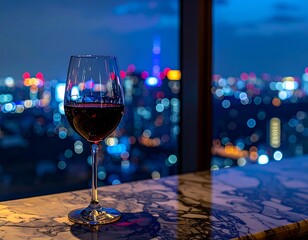 ラグジュアリーバーで輝く夜景と赤ワイングラス