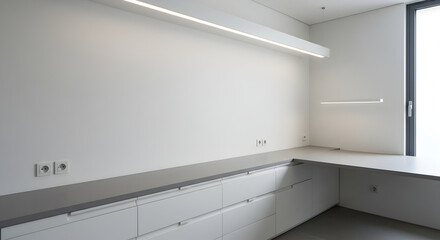 Modern Minimalist Home Office With Built-In Desk And Storage Cabinets