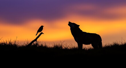 Sunset Silhouettes: Wolf's Howl, Bird's Song