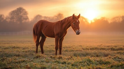Chestnut Foal Stands in Golden Sunrise Field