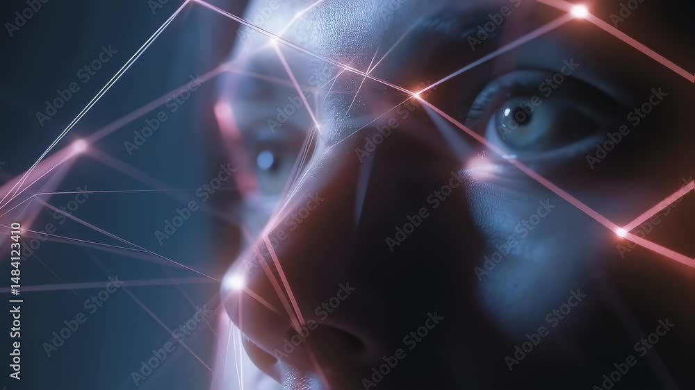 Poster biometric facial recognition network mapping digital data points across female face, analyzing intri