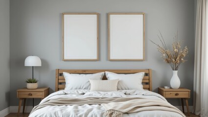 Cozy Minimalist Bedroom with Wooden Furniture and Empty Picture Frames on Grey Wall