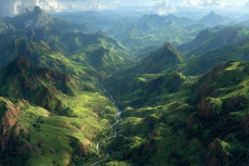 Fototapeta premium Majestic Mountain Range Aerial View Lush Green Valley River Hills Landscape Photograph