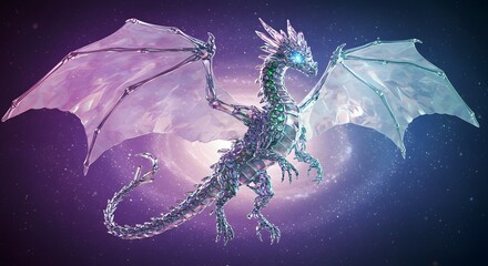 Iridescent skeletal dragon in nebula