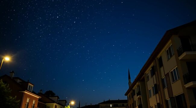 A view of the night sky from a street