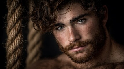 Brooding Sailor Closeup Portrait with Rope Background.